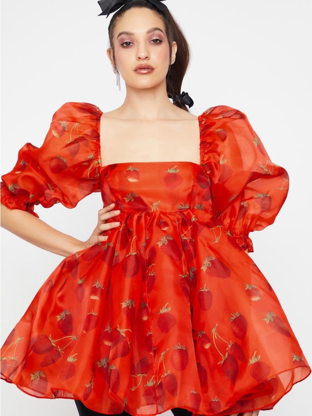 Selkie Red Strawberry-Print Puff Sleeve Mini Dress